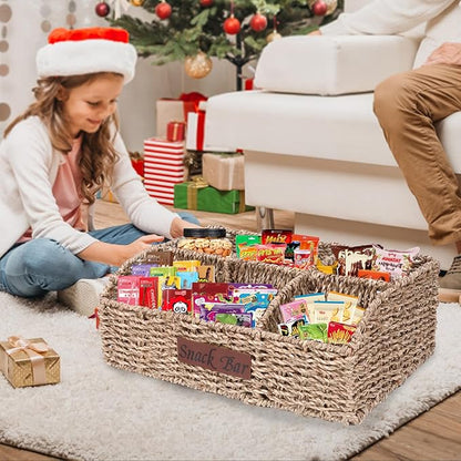 Snack Organizer for Countertop, Trapezoid Snack Organizer Seagrass Wicker Basket, 5 Compartments Snack Box Container, Snack Bar Station Organizer, Kitchen Cabinet Pantry Organizer and Storage