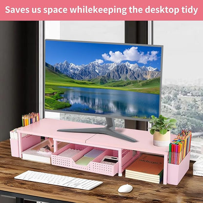 Desk Dual Monitor Stand Riser - Wood Desk Organizer with Drawer and Pen Holders, Office Desk Accessories & Workspace Organization, Computer Monitor Stand for Laptop Printer, Girl Pink
