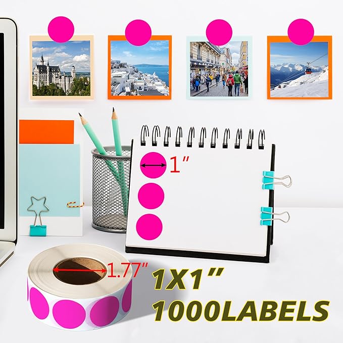 PARLAIM 1 Inch Round Permanent Adhesive Color-Code Dot Stickers,1000 per Roll dots Label Dispenser Box,Green Circle Stickers Label (Fluorescent Pink)