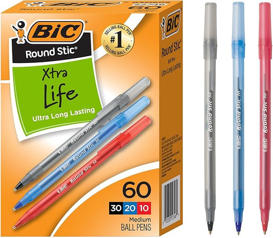 BIC Round Stic Xtra Life Assorted Ink Ballpoint Pens, Medium Point (1.0mm), 60-Count Pack of Bulk Pens, Flexible Round Barrel for Comfortable Writing, No. 1 Selling Ballpoint Pens