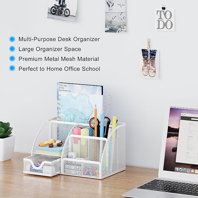 EasyPAG Mesh Desk Organizer with Drawer Multi-Functional Pen Holder Stationery Organizer for Office School Supplies 6 Compartments Dorm Organizers and Storage for Desk, White