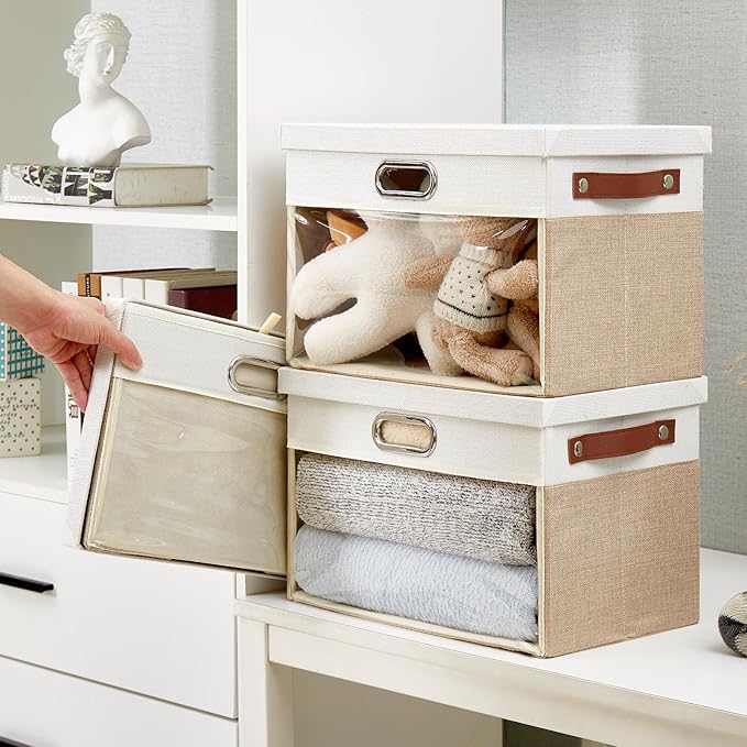 Fabric Clear Window Storage Bins with Lid, Closet Storage Box Linen Closet Baskets with 3 Handles for Organizing Clothing, Jeans, Shelves 15''- 3 Pack (Beige and White)