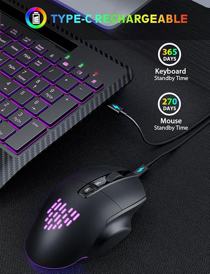 Wireless Keyboard and Mouse Backlits, Wrist Rest, LED Mouse, Rechargeable Ergonomic Keyboard with Phone Holder, Silent Light Up Combo for Computer, Mac, PC, Laptop, Chromebook (Black)