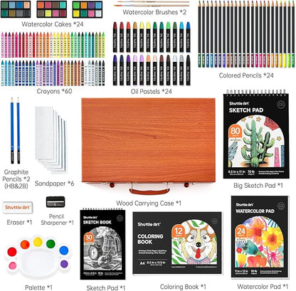 Shuttle Art 149 Piece Deluxe Art Set, Art Supplies in Wooden Case, Painting Drawing Art Kit with Crayons Colored Pencils Oil Pastels Watercolor Cakes Coloring Book Sketch Pad for Kids Adults