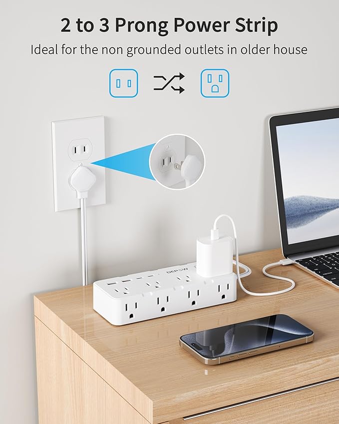 2 Prong Power Strip, 10 FT Extension Cord, 2 to 3 Prong Outlet Adapter with 8 AC & 4 USB Ports (2 USB C), 1700J Two Prong Surge Protector, Wall Mountable, Ideal for Old House