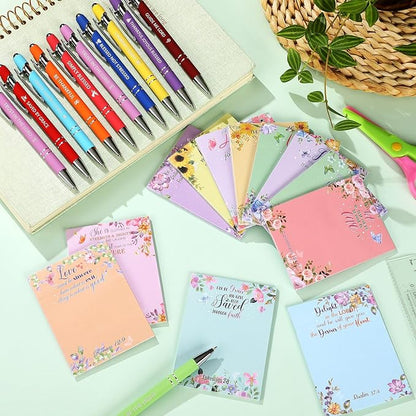 Geyee 24 Pcs Religious Sticky Notes with Bible Verse Pens Fun Notepads for Adults Coworkers Nurse 3 x 4 Inch to Do List Notepads with Sayings Pen for Lab Week Gifts Teacher Office Supplies