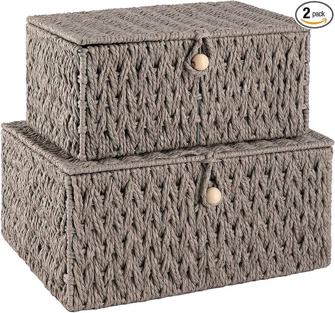 OIAHOMY Wicker Storage Basket with Lid & Lock, Lidded Storage Bins, Decorative Baskets for Organizing, Set of 2-Grey