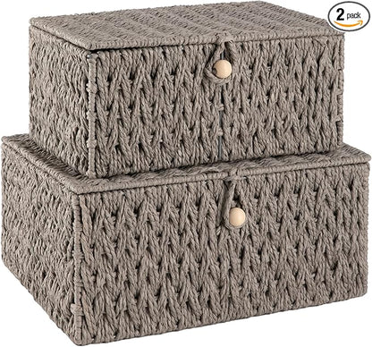 OIAHOMY Wicker Storage Basket with Lid & Lock, Lidded Storage Bins, Decorative Baskets for Organizing, Set of 2-Grey