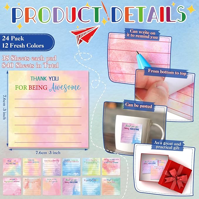 Yinder 24 Pcs Employee Appreciation Sticky Notes Xmas Gift Bulk Motivation Note Pads Mini Inspirational Note Gift for Teacher Nurse Staff Coworker Office Supply 3 x 3'' (Appreciation,Watercolor)