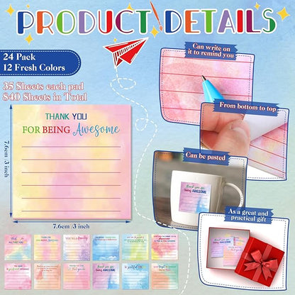 Yinder 24 Pcs Employee Appreciation Sticky Notes Xmas Gift Bulk Motivation Note Pads Mini Inspirational Note Gift for Teacher Nurse Staff Coworker Office Supply 3 x 3'' (Appreciation,Watercolor)