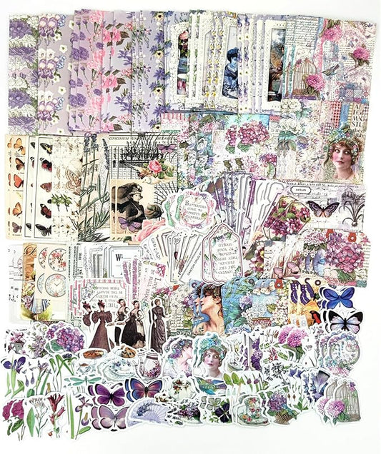200PCS Vintage Scrapbooking Supplies Pack, Aesthetic Scrapbook Sticker Paper Art Journaling Kit for Bullet Junk Journals,Planner,Cottagecore Decor Gifts (Purple Series)