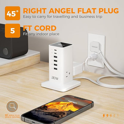 Charging Station 30W, TESSAN 9-in-1 Charger Blocks for iPhone 16/15/14/13, Tablets, Earphone with Surge Protector, 5ft Flat Extension Cord with 4 USB A, and 2 USB C for Home, Office, Drom, White
