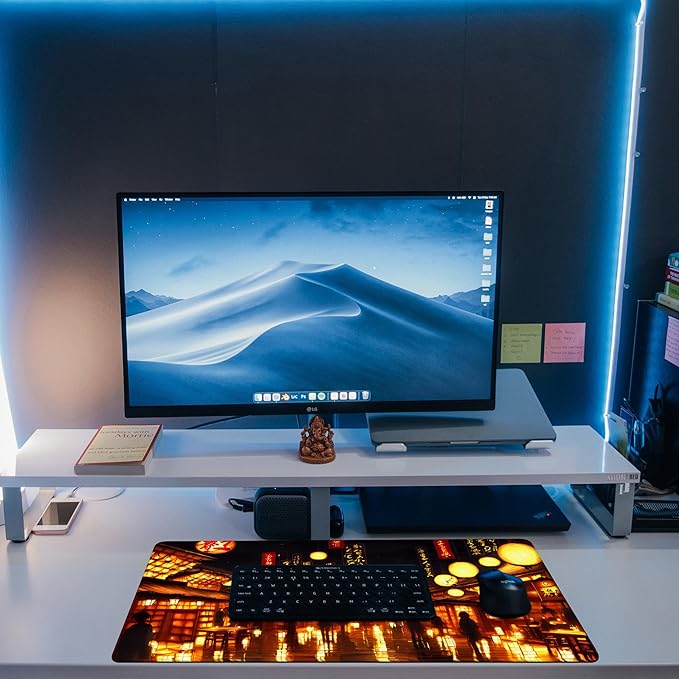 Desk Mat, City Lantern Night Scene Desk Pad, Japanese Traditional House Large Gaming Mouse Pad, 31.5"x15.7" Extended Big Keyboard Mouse Pad with Non-Slip Base and Stitched Edge