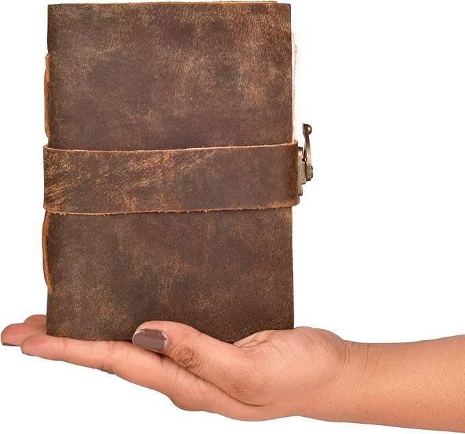 LEATHER VILLAGE Leather Bound Vintage Journal for Women & Men - Book of Shadows - Lock Closure - 200 Pages of Antique Deckle Edges Handmade Paper - Rustic Brown Color - 10 X 7 inches