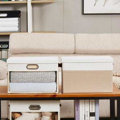 Fabric Clear Window Storage Bins with Lid, Closet Storage Box Linen Closet Baskets with 3 Handles for Organizing Clothing, Jeans, Shelves 15''- 3 Pack (Beige and White)