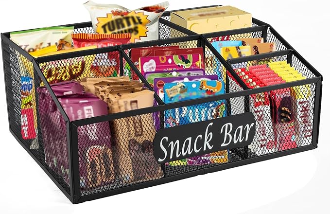 Snack Organizer for Pantry Shelf, Metal Snack Organizer Snack Basket, 6 Compartment Snack Bin Holder Chip Organizer, Snack Bar Station Organizer, Kitchen Pantry Organizer and Storage (Black)