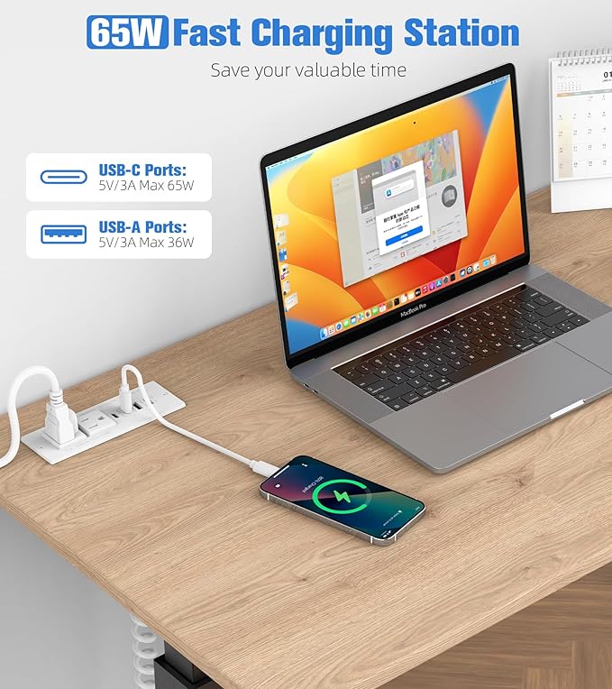 65W Furniture Drawer Outlet, Recessed Outlet with 4 USB Ports & 2 AC Outlets, Recessed Power Strip for Home, Office, 14 AWG-10FT Spring Cord(White)