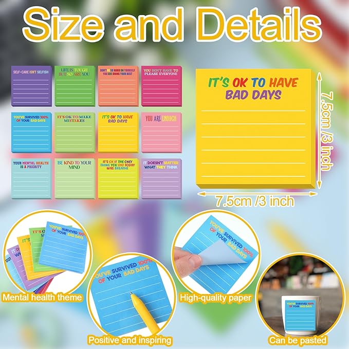 Yinder 24 Pcs Inspirational Sticky Notes Christmas Stocking Stuffers Motivational Sticky Notes Pad Employee Appreciation Gift Bulk for Teacher Nurse Coworker Office 3 x 3'' (Mental Health,Dark Color)