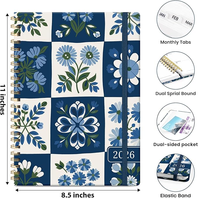 2026 Planner, Weekly and Monthly Planner for Women, January 2026 - December 2026, Hardcover 2026 Calendar Planner Book with Tabs, Inner Pocket, Spiral Bound, Perfect for Office Home School Supplies - A4 (8.5" x 11"), Petal Array