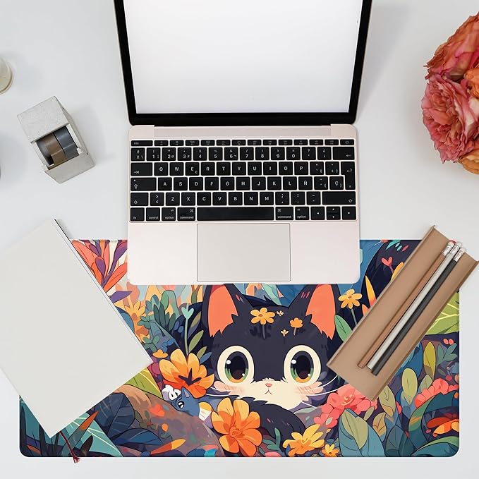Desk Mat, Black Cat Among Flowers Desk Pad, Cute Cat Large Gaming Mouse Pad, 31.5"x15.7" Extended Big Computer Keyboard Mouse Pad with Non-Slip Base and Stitched Edge