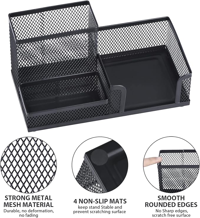2-Piece Desk Pen & Pencil Organizer - Mesh Metal Pen Cup with Sticky Notes Holder, Black