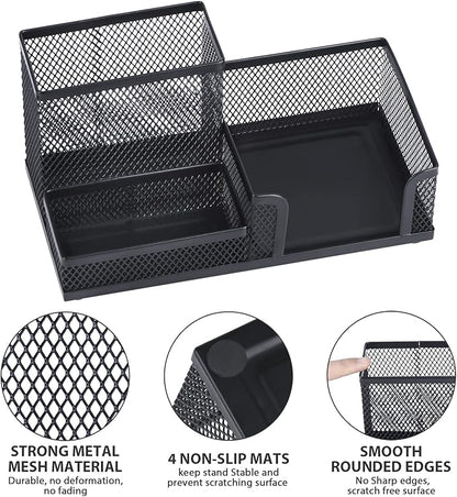 2-Piece Desk Pen & Pencil Organizer - Mesh Metal Pen Cup with Sticky Notes Holder, Black