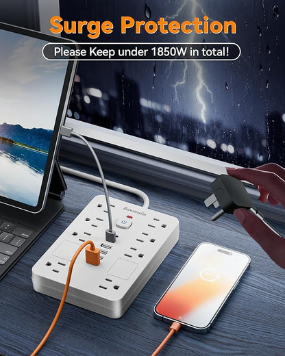 Surge Protector Power Strip - 8 Outlets(1850W/15A) with 6 USB Ports（2 USB C, 6FT Flat Plug Extension Cord, Wall Mount Multi Plug Outlet Extender, ETL Listed for Home, Dorm Room, White