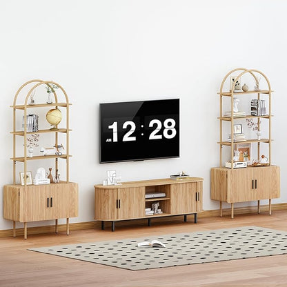 71" Tall Fluted Arched Bookshelf with Doors, Mid Century Modern Metal Bookcase Cabinet with Storage, 4-Tier Industrial Organizer Rack Storage Shelves for Home Office, Living Room (Natural)