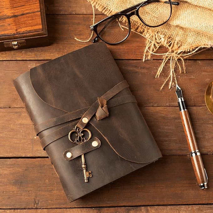 Vintage Leather Journal - Antique Handmade Deckle Edge Vintage Paper Leather Bound Journal - Book of Shadows Journal - Leather Sketchbook - Drawing Journal - Great Gift (Vintage Brown, 9"x6")