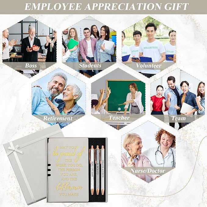 5 Pcs Employee Appreciation Gift Christmas Leather Journal Notebook 3 Ballpoint Pens with Box Thank You for Nurse Medical Assistant Coworker Teacher Social Worker Vet Tech Volunteer(Silver)