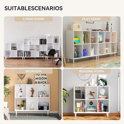 Wood Cube Storage Organizer White Bookshelf - 2-Tier Freestanding Storage Cabinet with Legs for Home Office, 6-Cubes Open Shelf