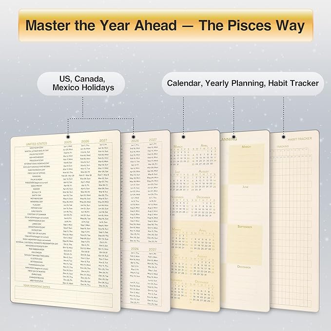 Pisces Zodiac Astrology Undated Monthly Weekly Daily Planner Journal Notebook Hardcover A5 5.7" x 8.3" 160 Pages 100GSM Paper 2025 2026 2027 Holidays Calendar