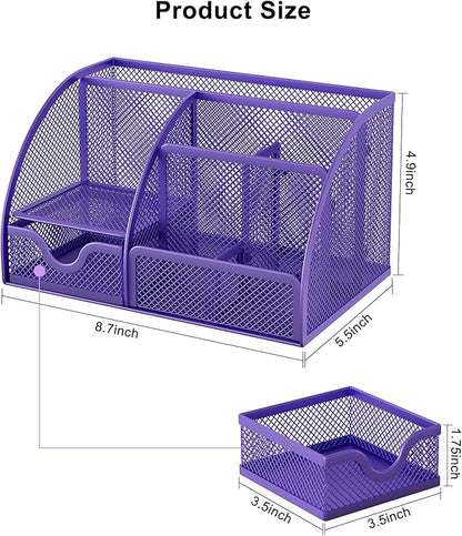 EasyPAG Mesh Desk Organizer with Drawer Multi-functional Pen Holder Stationery Organizer for Office School Supplies 6 Compartments Dorm Organizers and Storage for Desk, Purple