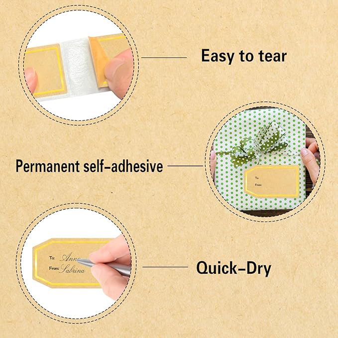 600PCS Gift Tag Stickers, 1.18" x 2" Gold Border Christmas Gift Tags Stickers, Brown Kraft to and from Gifts Labels Self Adhesive Christmas Labels Holiday Present Label, Perforated line Design