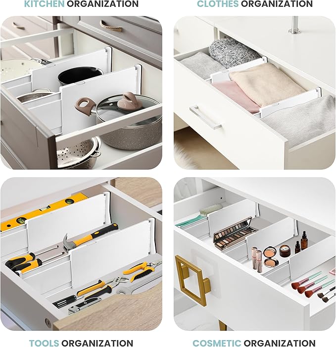 RAPTUROUS Adjustable Drawer Dividers, 8" Tall, Expandable 13.35-22", 4-Pack, Non-Slip for Deep Drawers in Kitchen, Bedroom, and Closet (White)