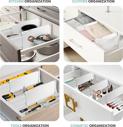 RAPTUROUS Adjustable Drawer Dividers, 8" Tall, Expandable 13.35-22", 4-Pack, Non-Slip for Deep Drawers in Kitchen, Bedroom, and Closet (White)