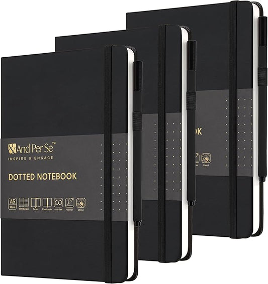 &And Per Se Dotted Journal Notebook Set (3 Packs), A5 Hardcover Dotted Notebook, 176 Numbered Pages Bullet Journaling Kit, 2 Stencil Sheets and 1 Fineliner Pen Included - 5.7'' x 8'' (Black)