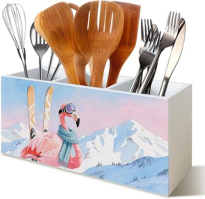 Winter Skiing Flamingo Pen Pencil Holder Organizer for Desk, Pink Flamingo Gifts, Pink Tropical Bird Snowy Mountain Wood Cooking Kitchen Utensils Utensil Organizer Holder Decor