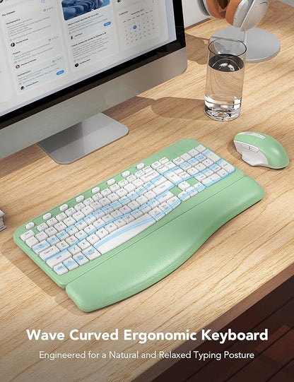 SABLUTE Wireless Keyboard and Mouse Combo, Ergonomic Wave Keys, Cushioned Plam Rest, Comfortable Silent Natural Typing, 2.4G Lag-Free, Full Size Keyboards Cordless Set for Multi-OS, Windows/Mac, Green