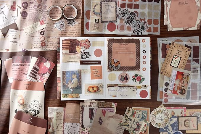 Draupnir Vintage Scrapbook Kit(346pcs), Bullet Junk Journal Kit with Journaling/Scrapbooking Supplies, Stationery, A6 Grid Notebook with Graph Ruled Pages, DIY Gift for Teen Girl Kid Women - Vintage
