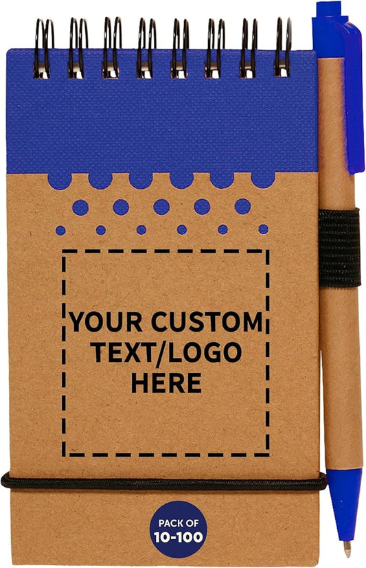 DISCOUNT PROMOS 10/50/100 Recyclable Spiral Small Notebooks Pack - Customizable Text, Logo - 60 Lined Pages - Blue