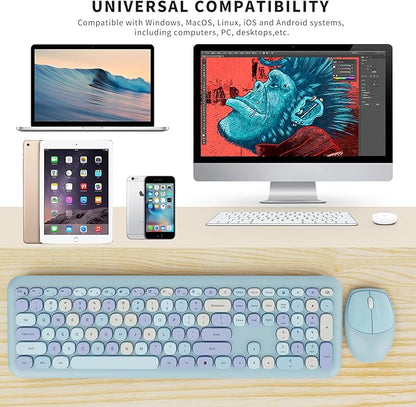 Wireless Keyboard and Mouse Combo, Colorful Ergonomic Full Size Retro Low-Noise Keyboard with Cute keycaps, Compatible with Windows, PC, Perfer for Home and Office Keyboards (Blue)