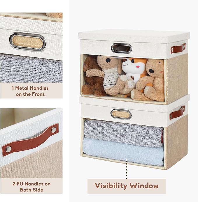 Fabric Clear Window Storage Bins with Lid, Closet Storage Box Linen Closet Baskets with 3 Handles for Organizing Clothing, Jeans, Shelves 15''- 3 Pack (Beige and White)