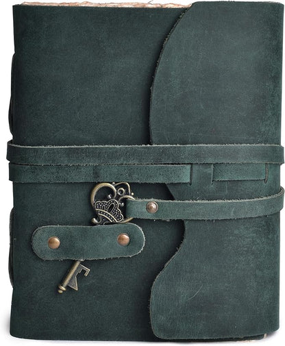 LEATHER VILLAGE Vintage Leather Journal – 200 Handmade Vintage Deckle Edge Paper – Leather bound Journal For Women Men – Vintage Key Closure - Book of Shadows - Turquoise - 10X7 inches