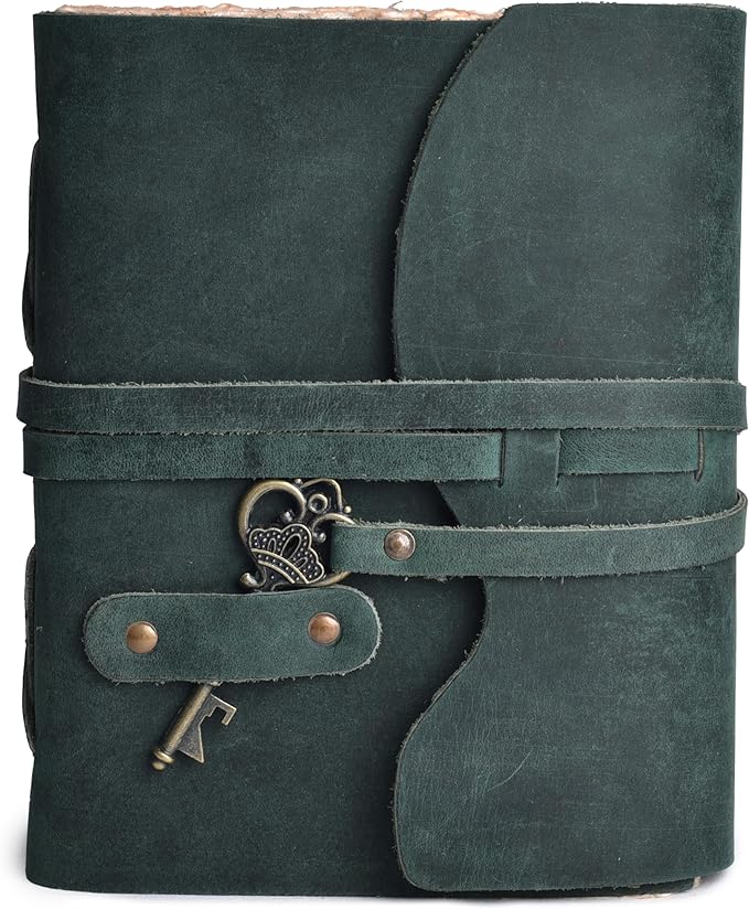 LEATHER VILLAGE Vintage Leather Journal – 200 Handmade Vintage Deckle Edge Paper – Leather bound Journal For Women Men – Vintage Key Closure - Book of Shadows - Turquoise - 6X4 inches (A6)