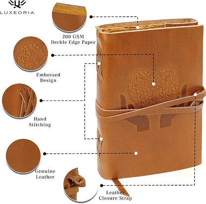 LUXEORIA Heart Journal for Women and Men, Handcrafted Leather Journal for Writing Womens, Leather Sketchbook, Travel Diary with Unlined Deckle Paper, Camel Brown 7x10
