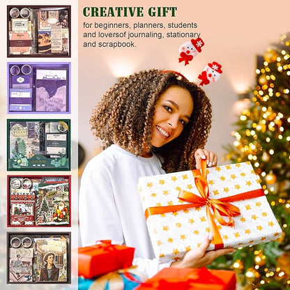 Christmas Scrapbooking Supplies Kit: New Year Festival Scrapbook Kit, Vintage Junk Journal Supplies with Aesthetic Scrapbook Stickers, Journaling Supplies, Craft Christma Gift for Teen Girl Kid Women