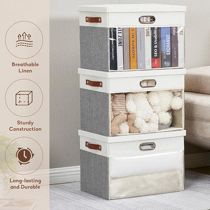 Fabric Clear Window Storage Bins with Lid, Closet Storage Box Linen Closet Baskets with 3 Handles for Organizing Clothing, Jeans, Shelves 17''- 3 Pack (Gray and White)