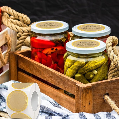 2" Kraft Label Stickers for Jars and Lids, 6 Different Gold Border Designs, Kraft Sticker Labels use for Pantry, Mason Jars, Canning, Bottles- 500pcs