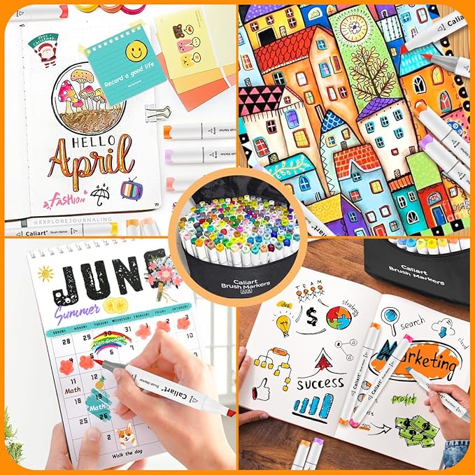 Caliart 180 Colors Alcohol Markers Brush Tip, Dual Tip Artists Coloring Markers Set Brush & Fine, Permanent Alcohol Based Colored Sketch Pens, Art Supplies Gifts for Adults Illustration Drawing